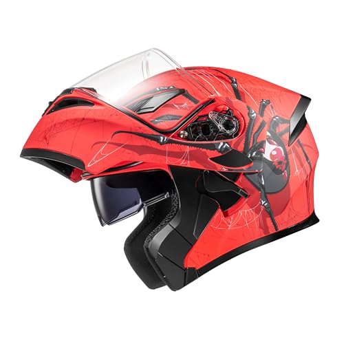 Kypara Motorcycle Dual Visor Flip Up Modular Full Face Helmet With Dot Certification Of Impressionism (Red Spider, L)