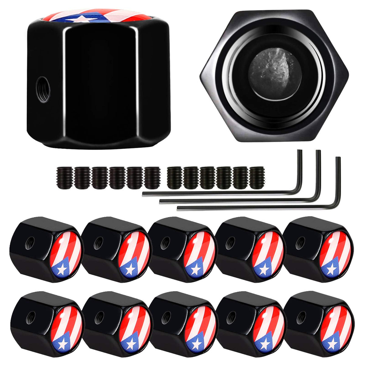 Dsycar 12 Pack Anti-Theft Puerto Rico Flag Tire Valve Caps, Universal Aluminum Stem Covers For Cars, Trucks, Bikes, Motorcycles | Airtight Seal | Hexagon Design (Anti- Theft/ Puerto Rico Flag)