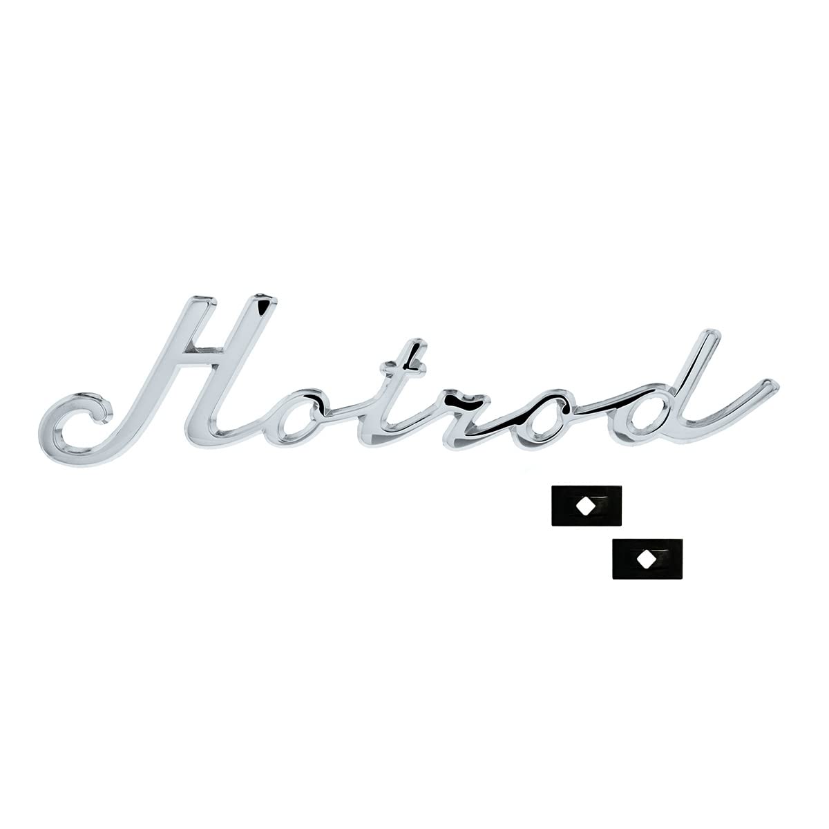 United Pacific S1001 Chrome Plated “Hotrod” Script Emblem w/Mounting Stud, Triple Chrome Plated, Stud Mounted, Universal Application – ONE Emblem