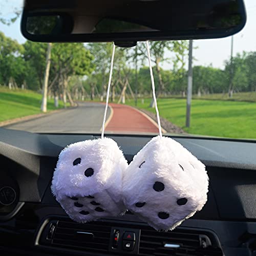 Fuzzy Plush Dice For Car Mirror, Pair Of Retro 3    White Dice With Black Dots For Car Interior Hanging Ornament Decoration