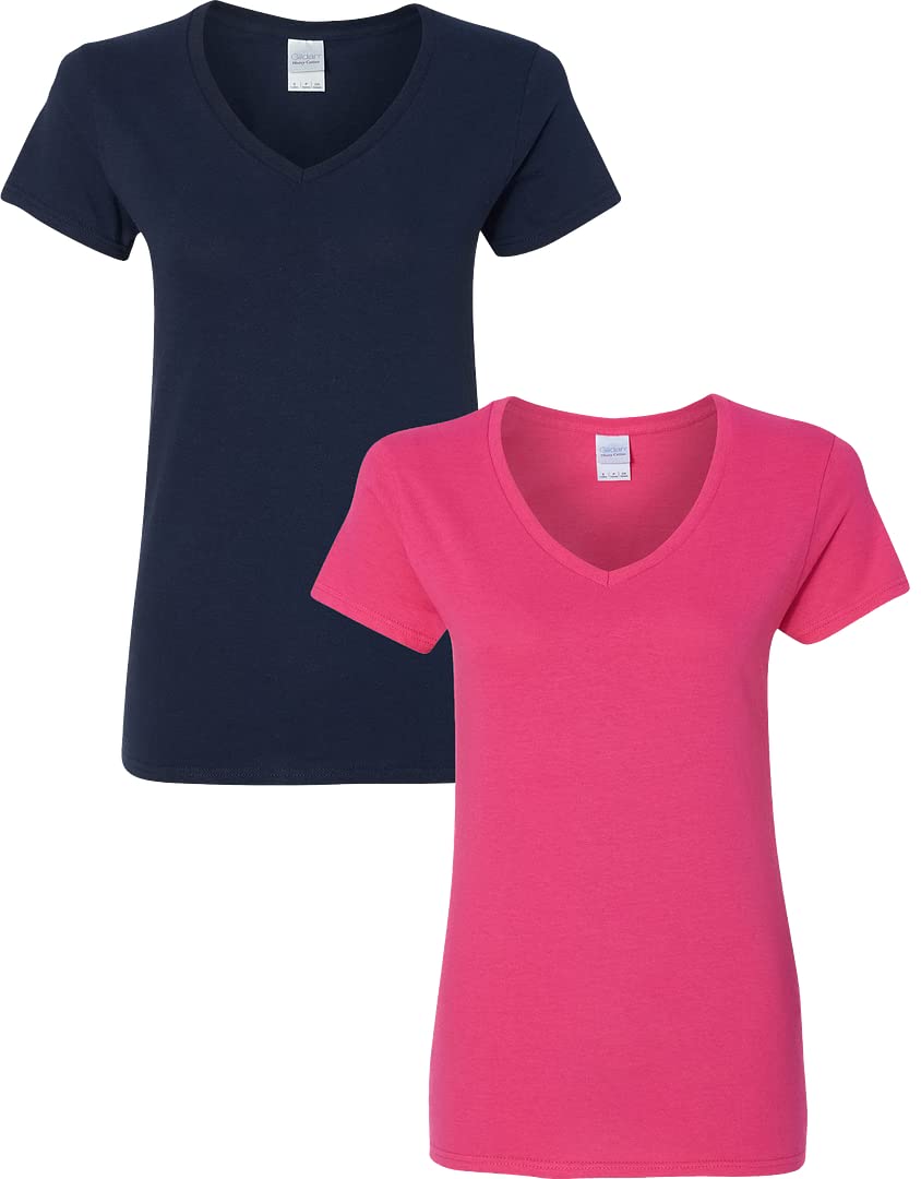 Gildan Womens Heavy Cotton V-Neck T-Shirt 2-Pack Sml-Navy-Heleconia