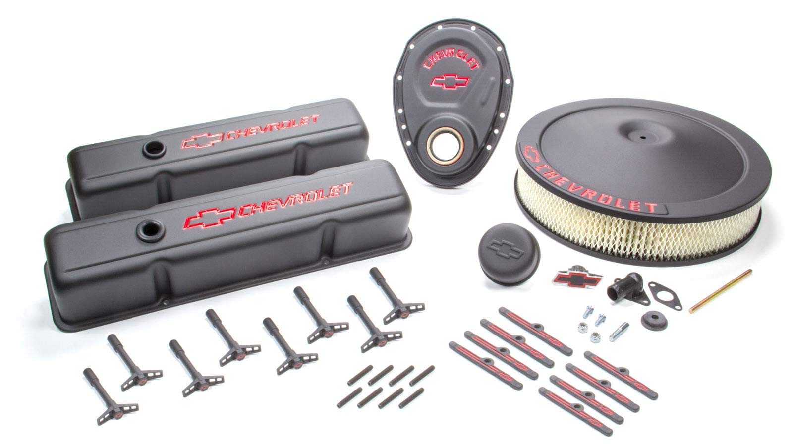 Proform 141-758 Black Crinkle Engine Dress-Up Kit With Red Chevrolet/Bowtie Logo For Small Block Chevy