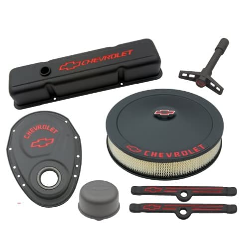 Proform 141-758 Black Crinkle Engine Dress-Up Kit With Red Chevrolet/Bowtie Logo For Small Block Chevy