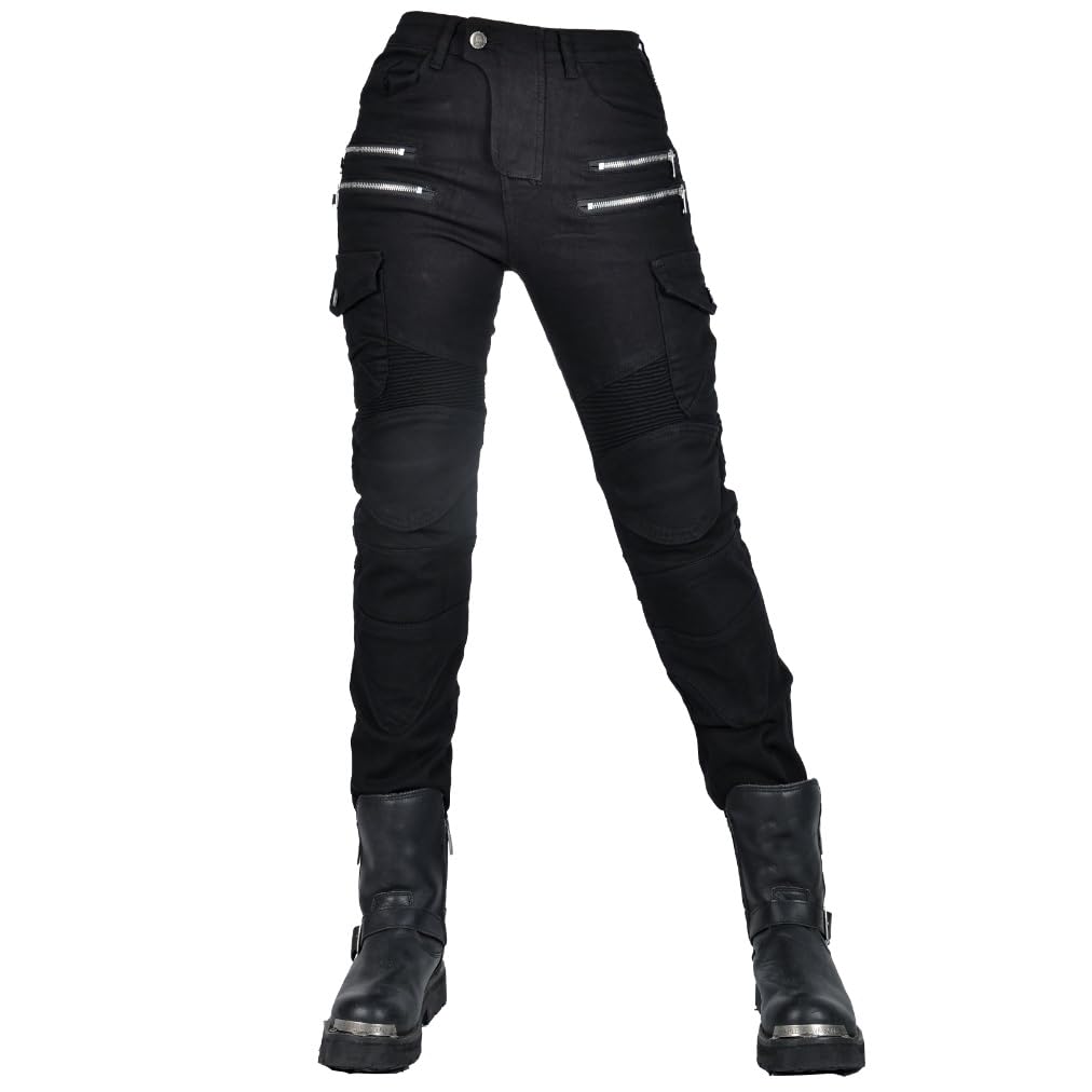 WILLIAMHUA Women Moto Jeans Motorcycle Pants Motorbike Biker Trousers with Protector (US, Waist Inseam, 26, 30, Black-Zip)