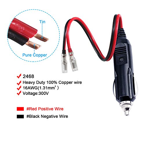 [2 Pack] 12V 12Volt Replacement Cigarette Lighter Male Plug With Leads - Car Adapter Dc Battery Charger Kit Connectors Cigar Plu