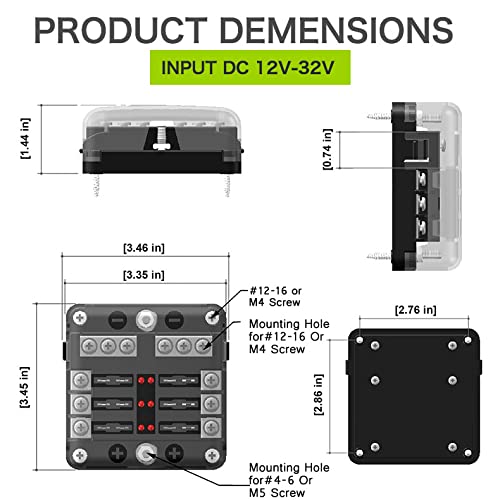 12 Volt Fuse Block, Waterproof 6 Way Fuse Box With 6 Ground Negative Busbar For Automotive[100 Amp Max] [Led Indicator] For Car Golf Cart Boat Marine Rv Dc 12-24V