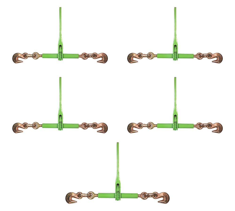 Mytee Products 5 Pack 3/8'' - 1/2'' Hi-Viz Green Heavy Duty Ratchet Load Chain Binder With Grab Hooks - 9,200 Lbs Working Load L
