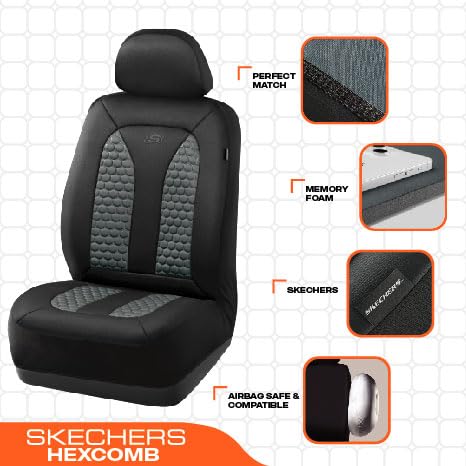 Skechers Memory Foam Car Seat Covers, Hexcomb Breathable Thick Seat Covers Two Front Seat Covers, Airbag Compatible, Automotive
