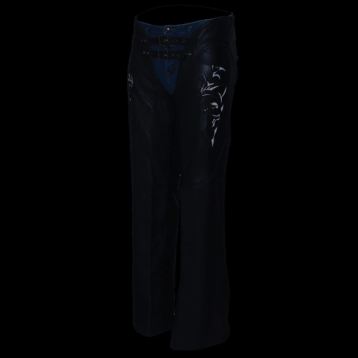 Milwaukee Leather Chaps for Women Black Low-Rise Waist- Double Buckle Reflective Embroidery Motorcycle Chap- ML1187-3X-Large