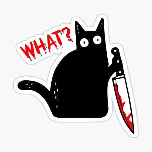 Funny Murderous Cat Holding Knife Halloween Costume - Black Cat What? Sticker - Sticker Graphic - Auto, Wall, Laptop, Cell, Truc