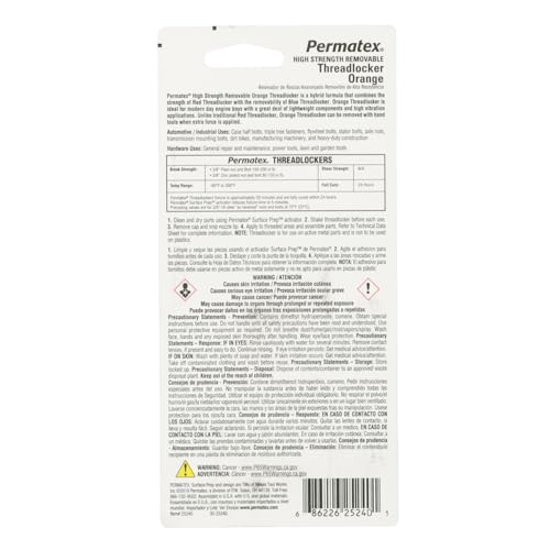 Permatex 25240 High Strength Removable Threadlocker Orange Liquid, 36 Ml