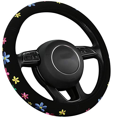 Embroidery Cute Steering Wheel Cover-Deluxe Floral Car Decor,Anti-Slip,Sweat Absorption,Universal 15 Inch (Floral1)