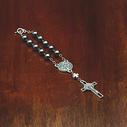 Intercession Hematite Car Rearview Mirror Rosary (St Benedict)