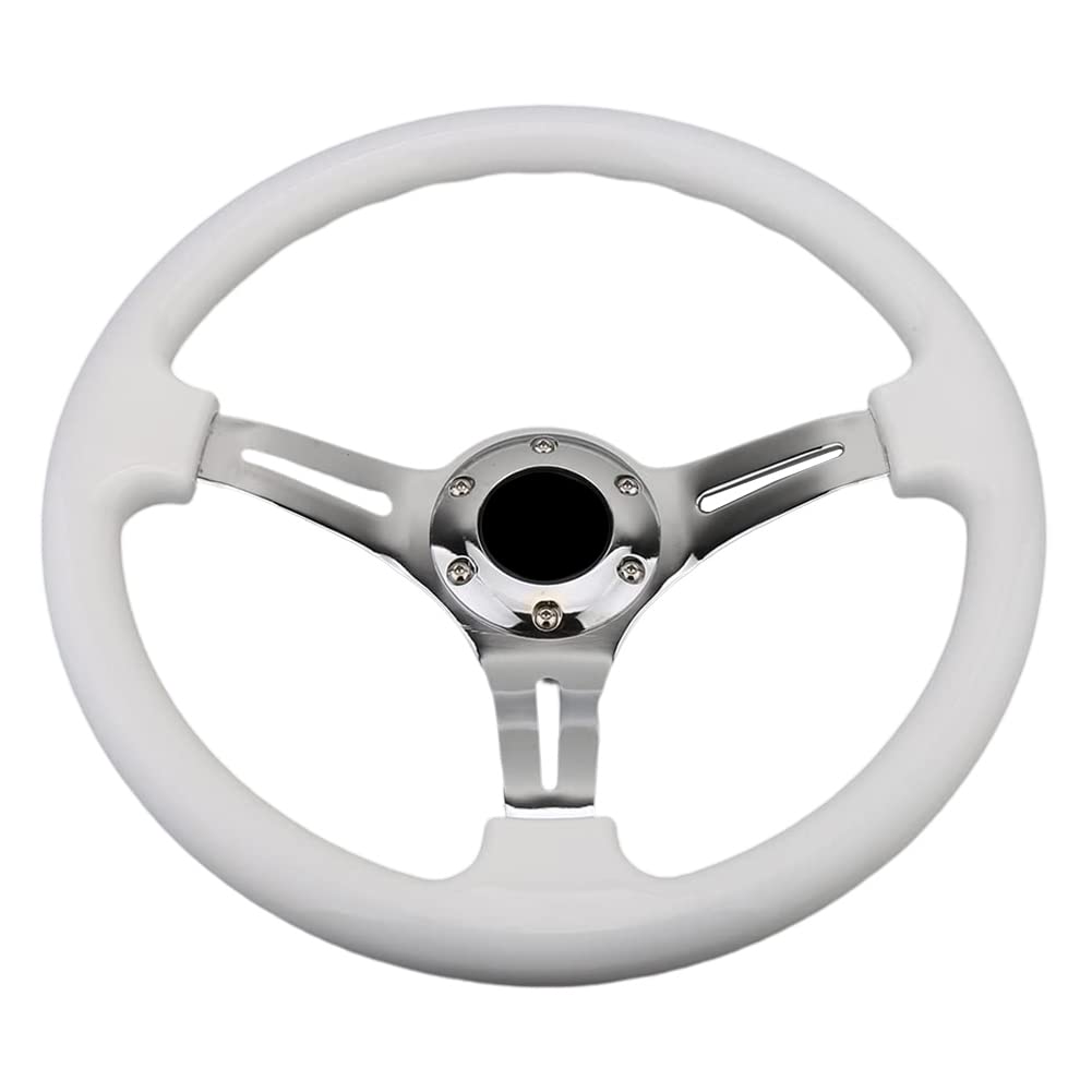 Classic White Car Racing Steering Wheel Chrome Silver Spokes 350mm 14'' Sports Wood Steering Wheel 6-Holes Deep Dish With Horn B