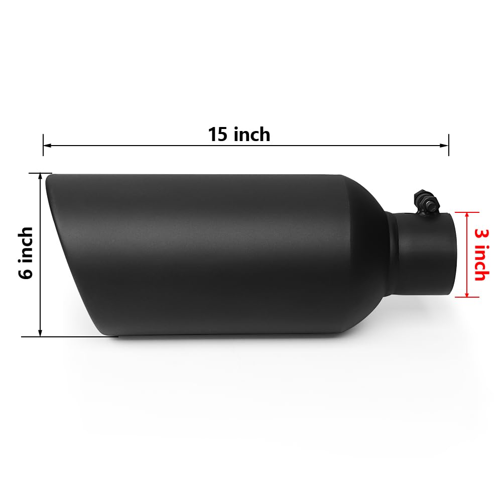 A-KARCK Exhaust Tip 3'' Inlet to 6'' Outlet, 15'' Overall Length Black Coating Bolt On Exhaust Tailpipe Tip Protect Tailpipe
