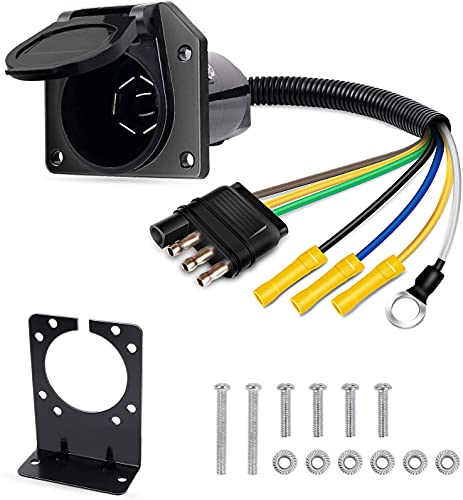 Nilight 4-Way Flat To 7-Way Round Rv Blade Trailer Adapter Reverse Plug With Mounting Bracket, 2 Years Warranty