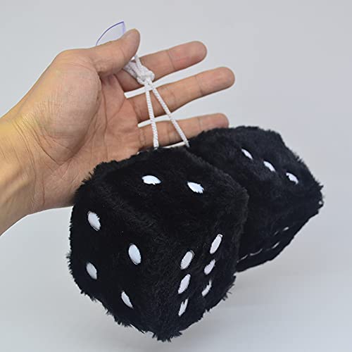 Pair 3    Black With White Dots Mirror Fuzzy Plush Dice, Black And White Soft Plush Car Decorative Hanging Ornament.