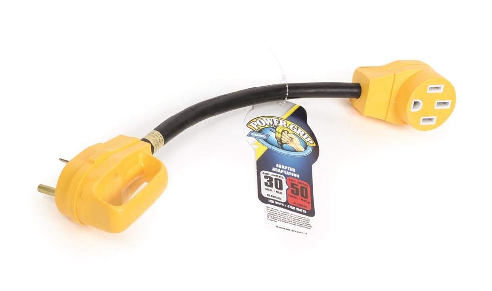 Camco Rv Dogbone Electrical Adapter With Easy Powergrip Handle, 30 Amp Male To 50 Amp Female, 18'' (3750W/125V) (55185)