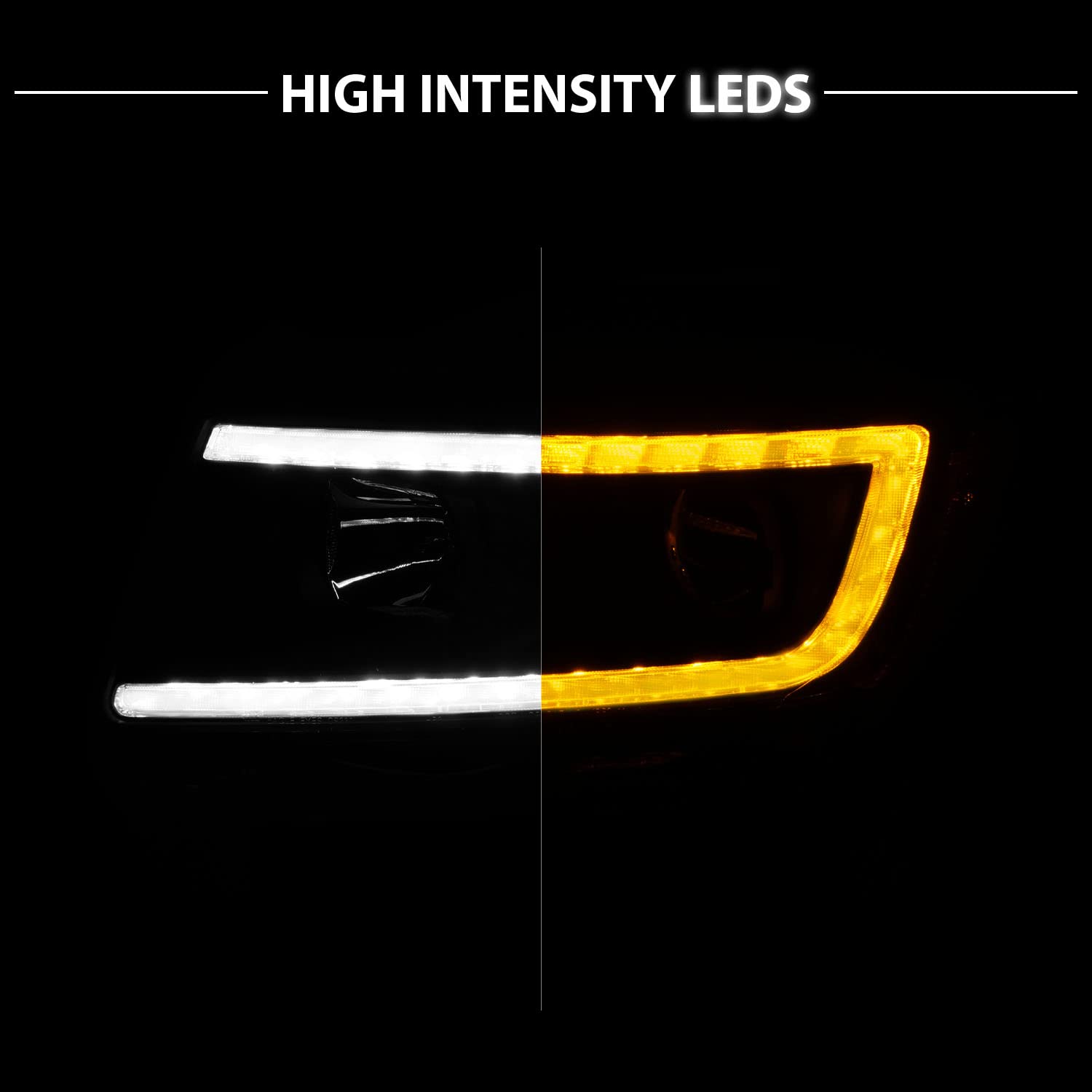 Amerilite For 2011-2013 Jeep Grand Cherokee Wk2 C-Type Led Switchback Tube Black Square Projector Headlight Assembly Pair - Pass