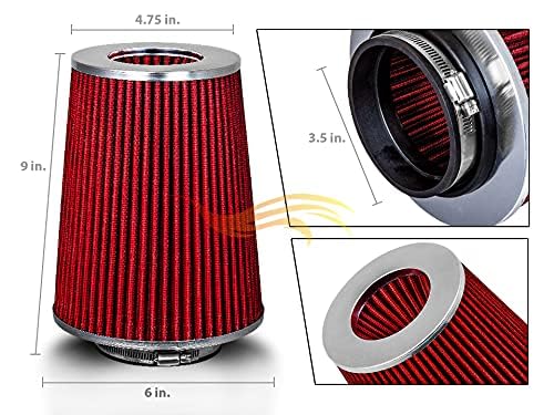 Red 3.5'' 89 Mm Inlet Truck Cold Air Cone Replacement Performance Washable Clamp-On Dry Air Filter (8'' Tall)