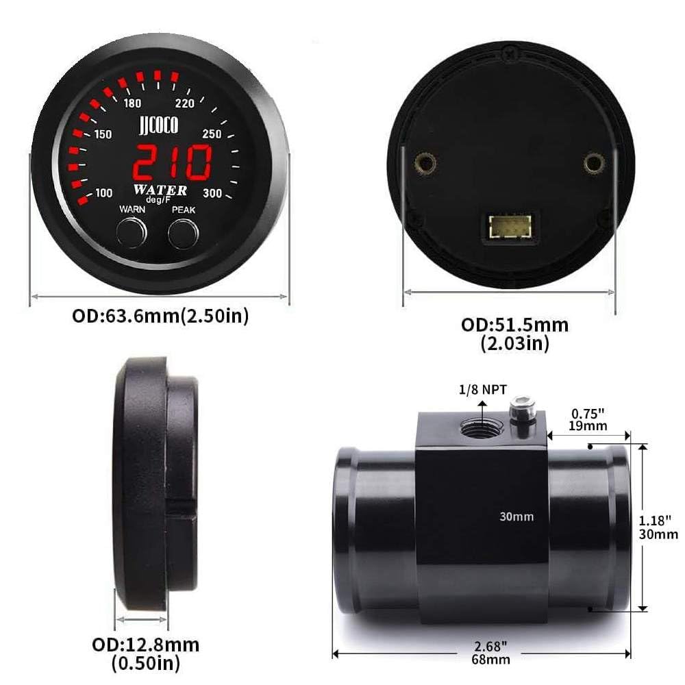 ZHSYMX Universal 52mm Water Temperature Gauge 100-300F(38-150C) Electronic Red Digital LED DC12V for Car Automotive with Joint P