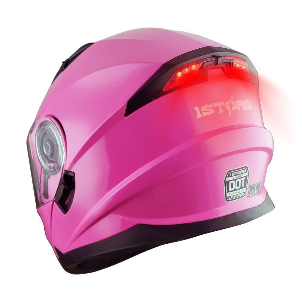 1Storm New Motorcycle Bike Modular Full Face Helmet Dual Visor Sun Shield With Rechargeable Led Tail Light: Glossy Pink