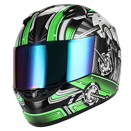 1Storm Motorcycle Bike Full Face Helmet Mechanic HJDJ11 + Motorcycle Bluetooth Headset Z Bluetooth Skull Green / S (53-54 cm 20.9/21.3 Inch )