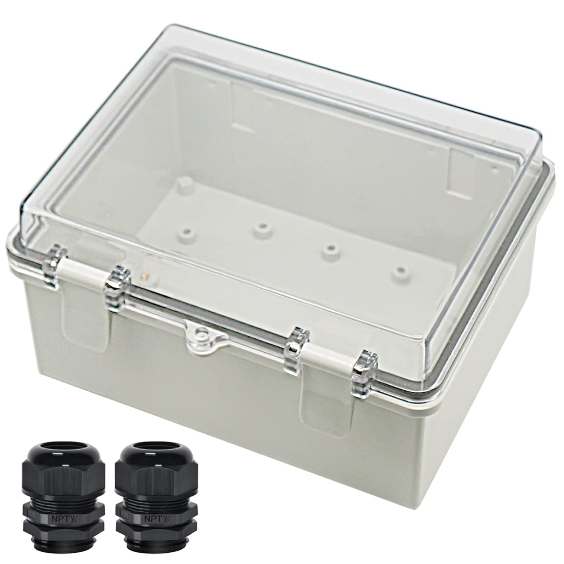 Zulkit Junction Box Abs Plastic Dustproof Waterproof Ip65 Electrical Boxes Hinged Shell Outdoor Universal Project Enclosure Clear Cover With 2 Cable Glands 8.7 X 6.7 X 4.3 Inch (220X170X110 Mm)
