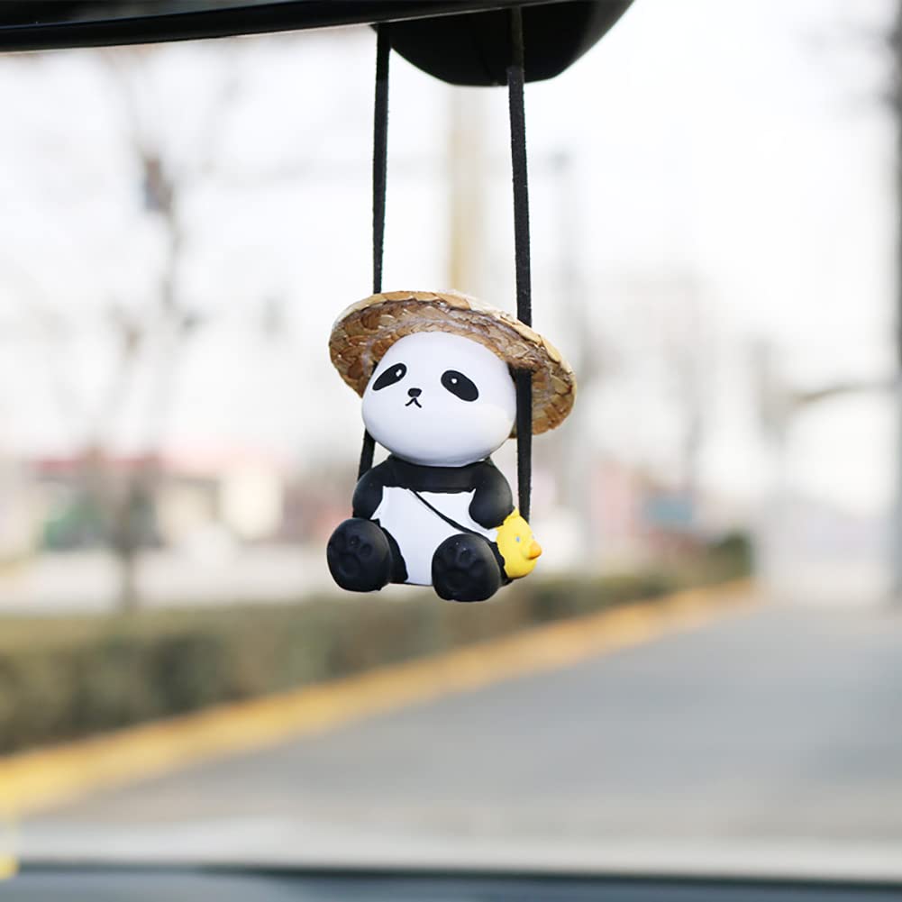 Amioro Cute Swinging Panda Car Mirror Accessories Fun Interior Rearview Mirrors Decorations (Hat Panda)