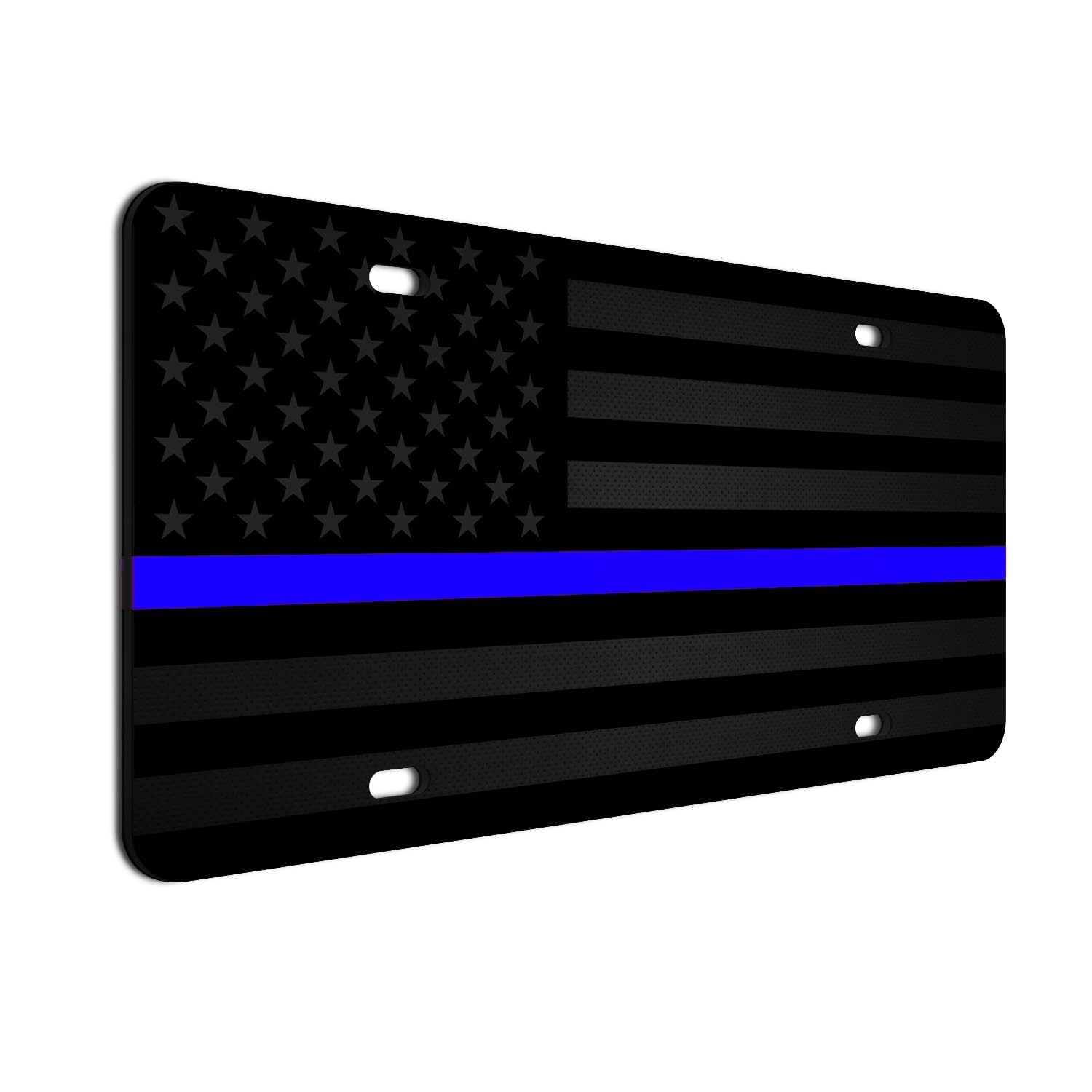 Black And Thin Blue Line American Flag License Plate - 6''X12'' Decorative Aluminum Novelty Plate