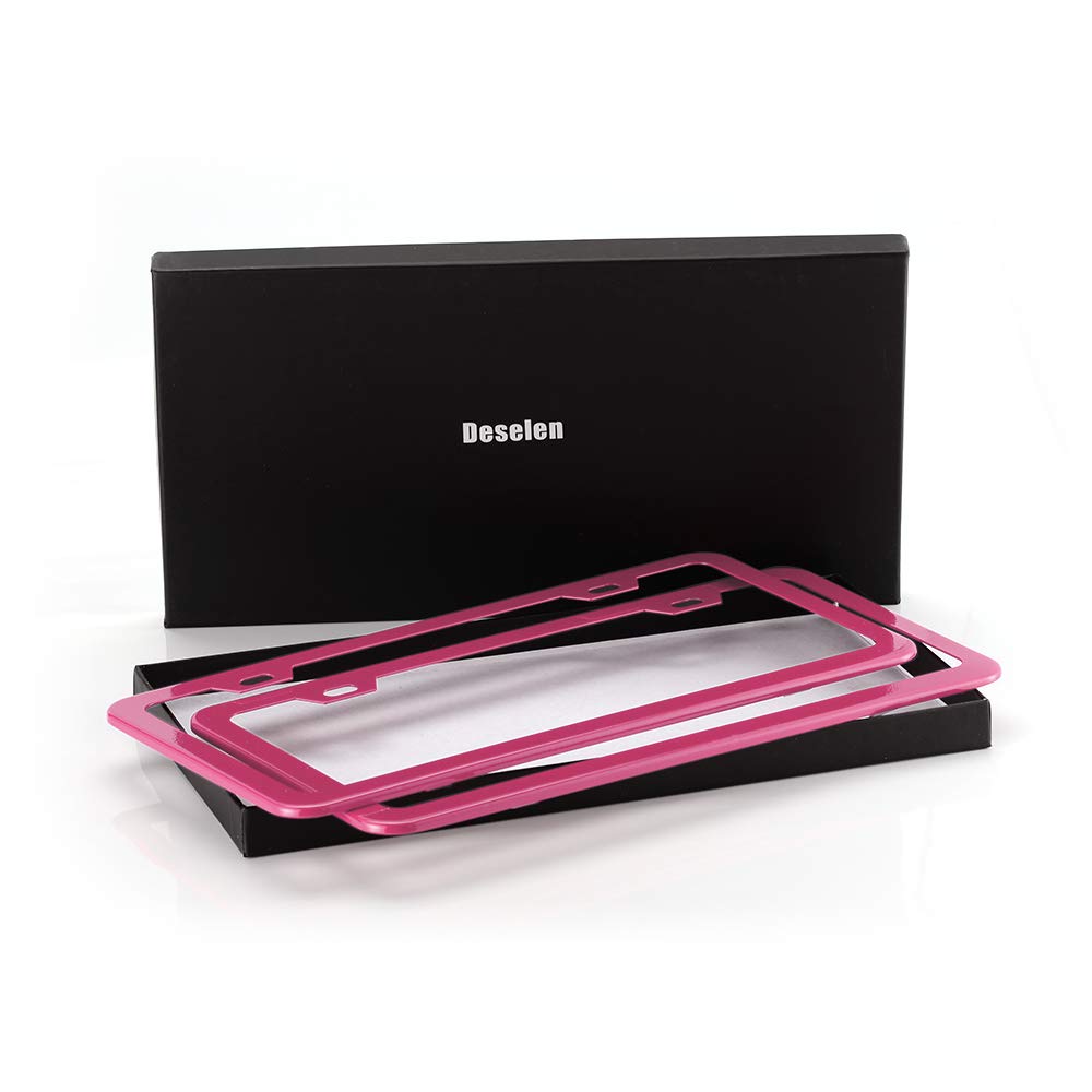 Deselen Pink License Plate Frame, Metal Thin Stainless Steel With 2 Holes Screw Cap, 2 Pack (Pink (Women'S Favorite))