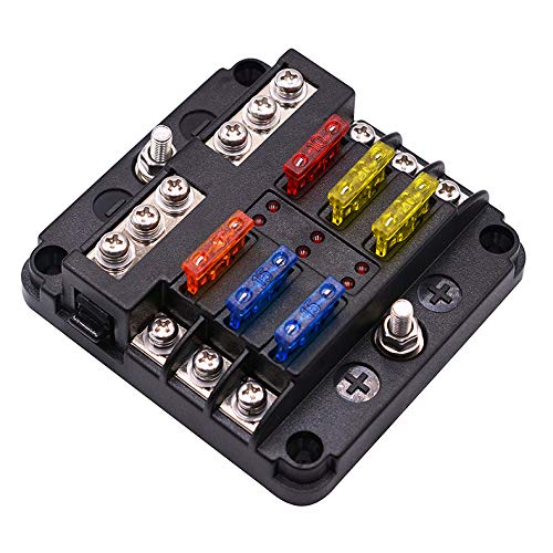 12 Volt Fuse Block, Waterproof 6 Way Fuse Box with 6 Ground Negative Busbar for Automotive[100 Amp Max] [LED Indicator]for Car G
