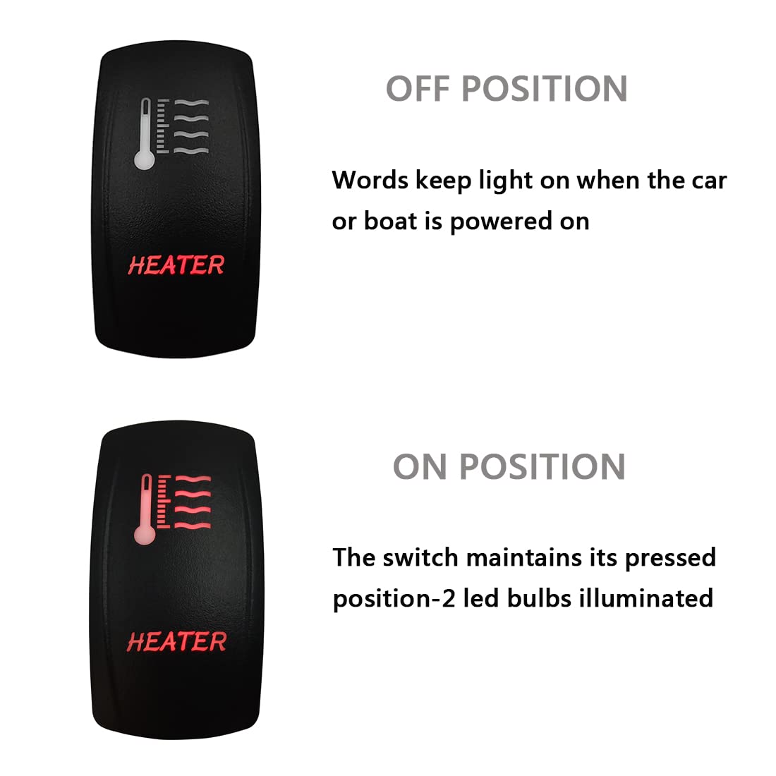 Bacautoparts 12V 24V Dual Red Led Heater Rocker Switch With Wires 5 Pin On-Off Toggle Switch For Car Boat Tractor Trailer Van Si