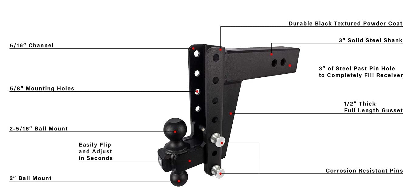 Bulletproof Hitches 3.0'' Adjustable Heavy Duty Trailer Hitch (22,000Lb Rating) - 8'' Drop/Rise Trailer Hitch With 2'' & 2-5/16'