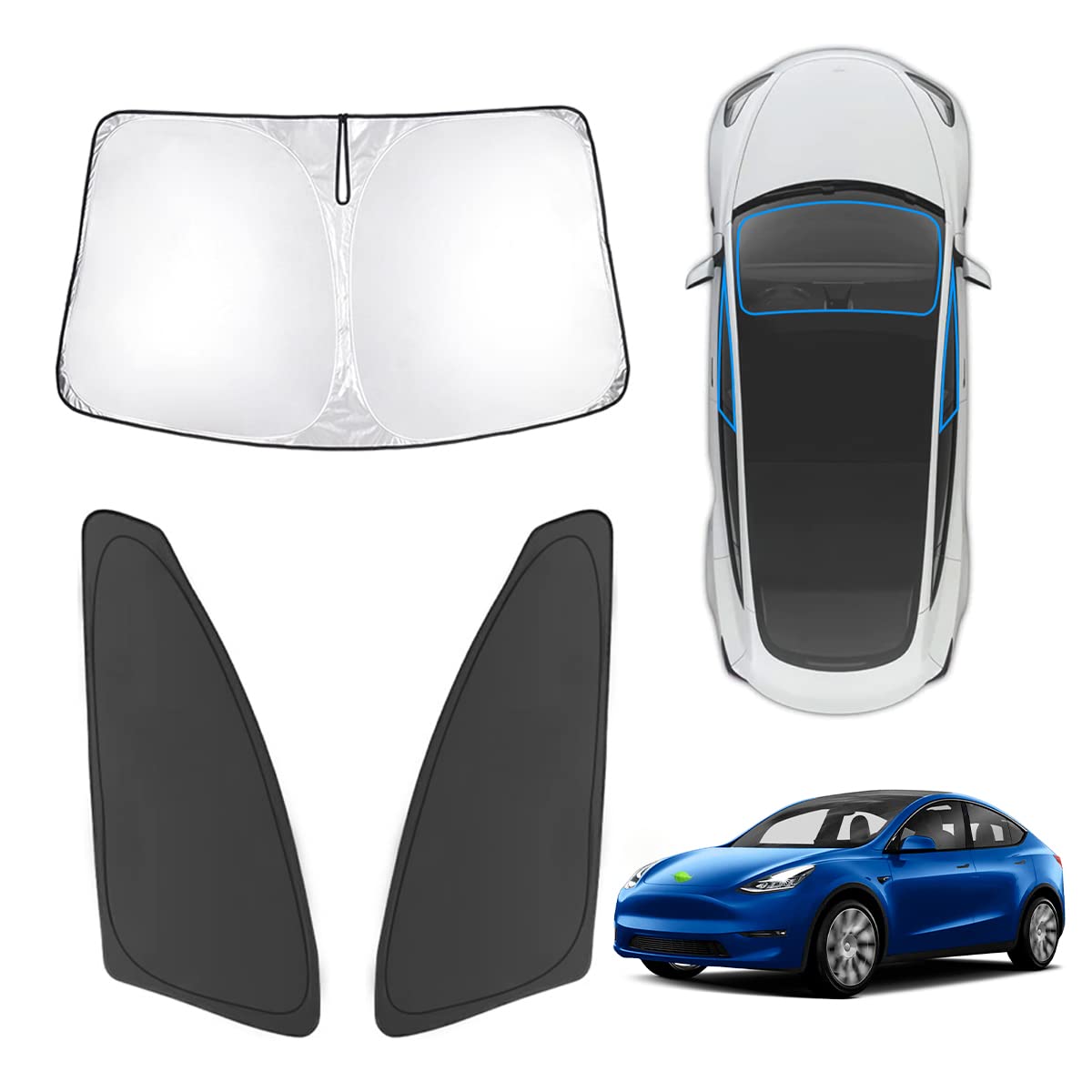 Karltys 3Pcs Front And Side Windshield Sun Shade For 2020-2025 Tesla Model Y, 210T Reflective Window Sunshade Custom Fit Model Y