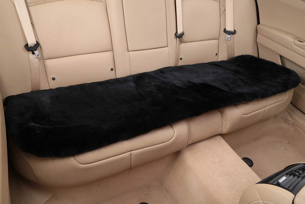 Ogland Fluffy Genuine Australia Sheepskin Car Seat Cover For Auto Interior Accessories With Soft Fuzzy Wool Eco-Friendly Natural Fur Non-Slip (Black, Back)