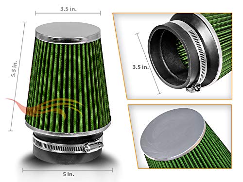 Green 3.5'' 89 Mm Inlet Narrow Cold Air Intake Cone Replacement Performance Washable Clamp-On Dry Air Filter