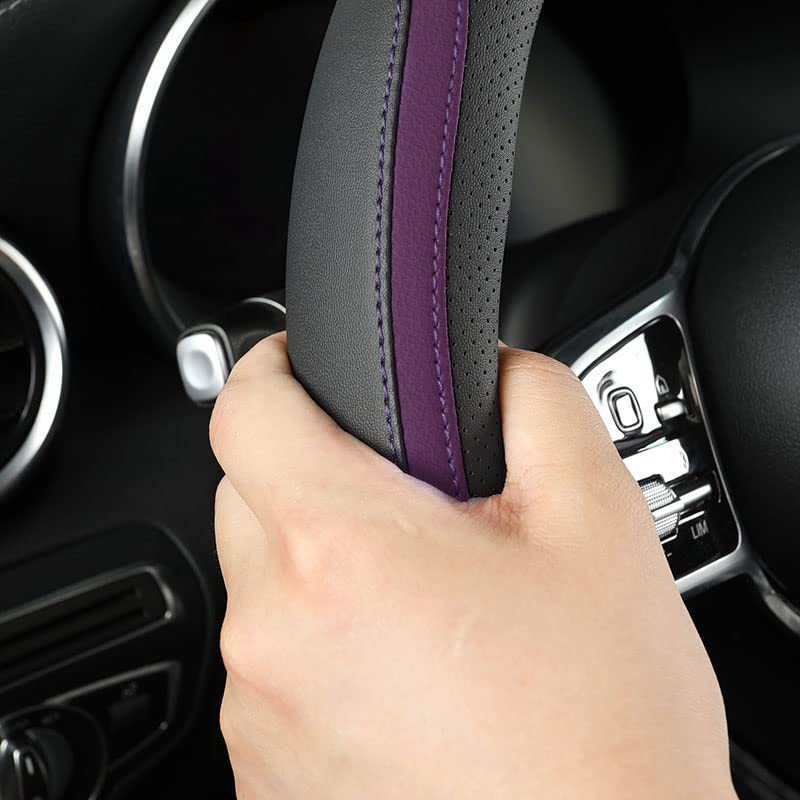 Car Steering Wheel Cover, Leather Steering Wheel Cover Purple Universal 14.5-15 Inch Microfiber Leather Anti-Slip Breathable Aut