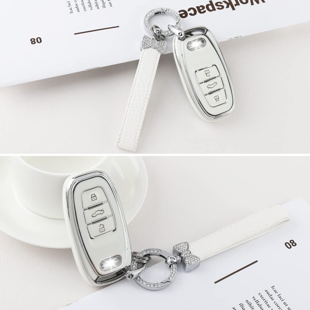 1797 For Audi Key Fob Cover Q5 A4 A5 A6 A7 A8 S4 S5 S6 S7 R8 Rs5 Rs7 Accessories Bling Car Key Chain Case Shell Girly Cute 3 Button White Silver Tpu