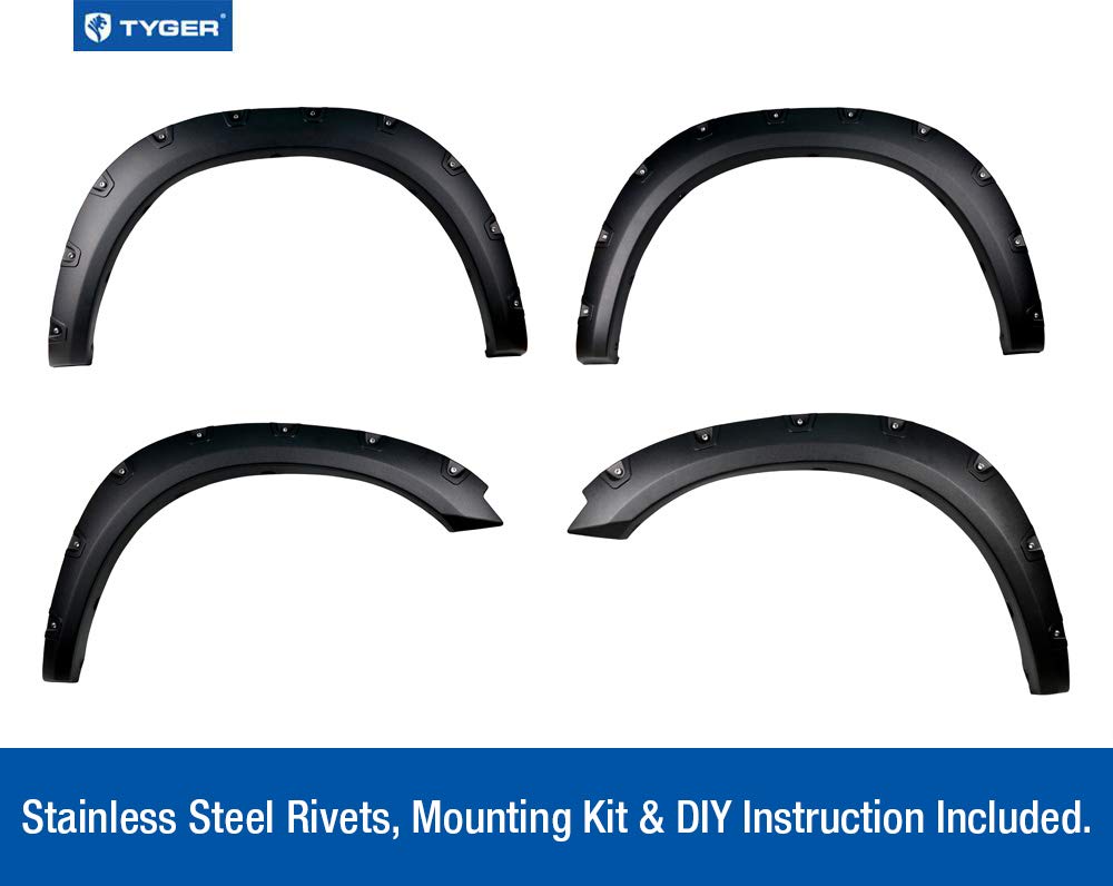 Tyger Auto Tg-Ff8D4147 For 2009-2018 Dodge Ram 1500; 2019-2020 1500 Classic | Exclude R/T And Rebel Models | Black Rugged-Textured Pocket Bolt-Riveted Style Fender Flare Set, 4 Piece