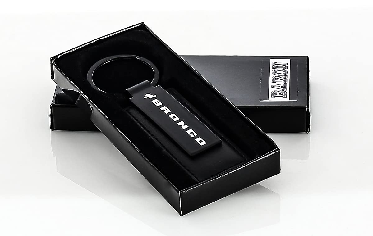 Ford Bronco Keychain - All Black Genuine Leather Key Ring Fob Holder, Regular Size
