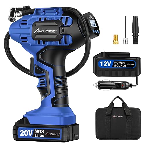 Avid Power Tire Inflator , Car Air Compressor , 20V Cordless With Rechargeable Li-Ion Battery , 12V Car Power Adapter , Digital