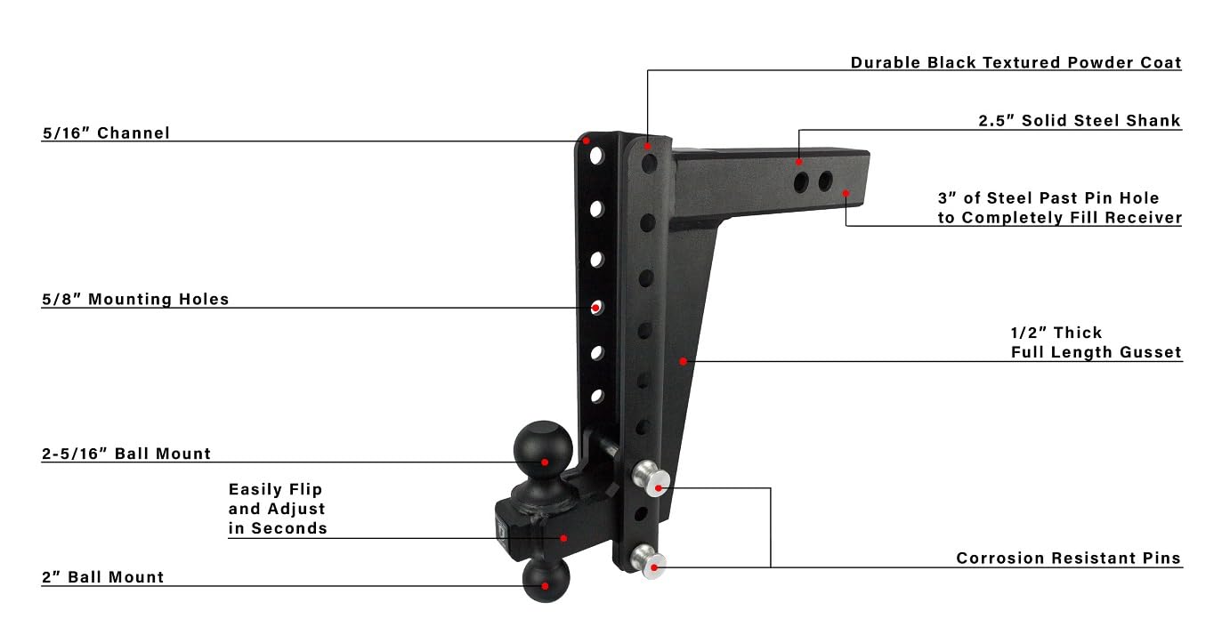 Bulletproof Hitches 2.5'' Adjustable Heavy Duty Trailer Hitch (22,000Lb Rating) - 12'' Drop/Rise Trailer Hitch With 2'' & 2-5/16