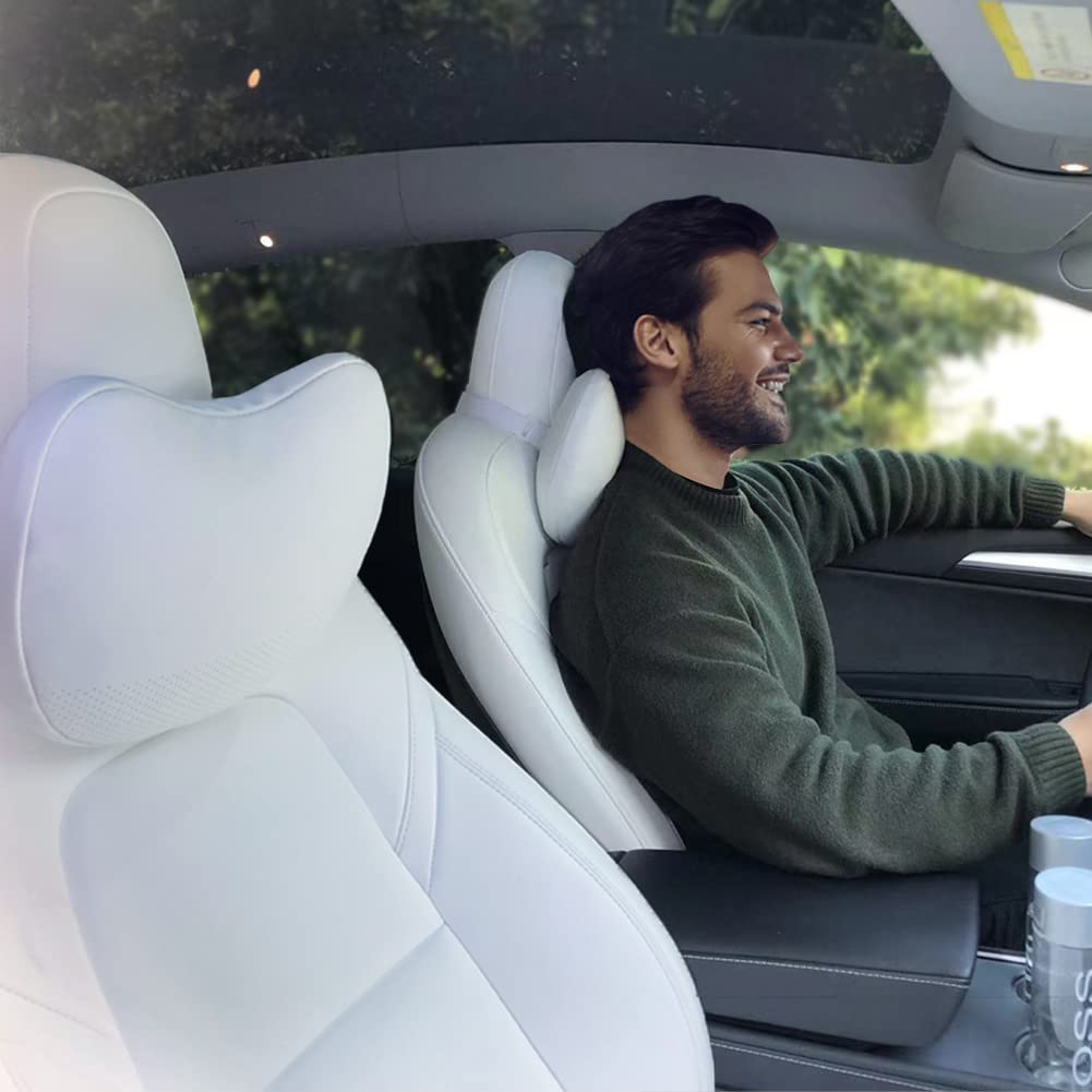 Tesbeauty Upgraded Car Headrest Pillow 2 Packs Genuine Nappa Leather Car Neck Pillow Tesla Model Y Model 3 Model X Model S Unive