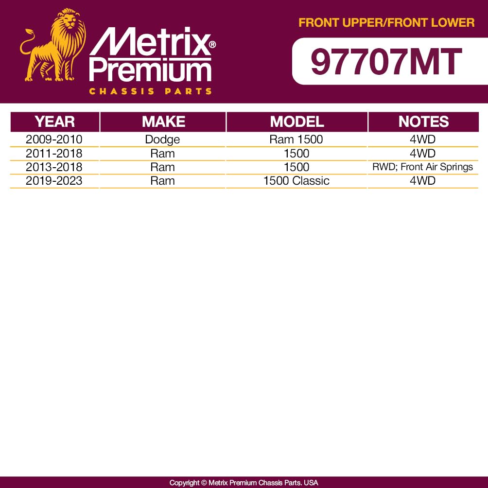 Metrix Premium Chassis Parts - 4 Pc Front L/R Upper Control Arm & Front Lower L/R Ball Joint Kit Fits 13-18 Ram 1500 Rwd, 19-23