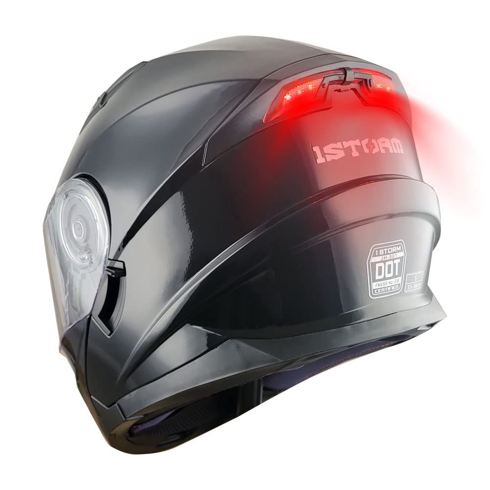 1Storm New Motorcycle Bike Modular Full Face Helmet Dual Visor Sun Shield With Rechargeable Led Tail Light : Glossy Black