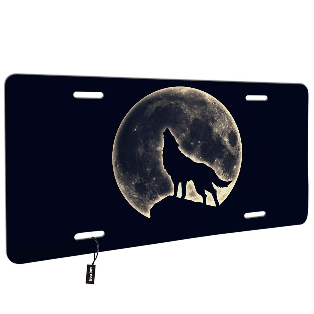Beabes Night Wolf And Full Moon Front License Plate Cover,Dangerous Wild Animal Howling At The Night Sky Decorative License Plat