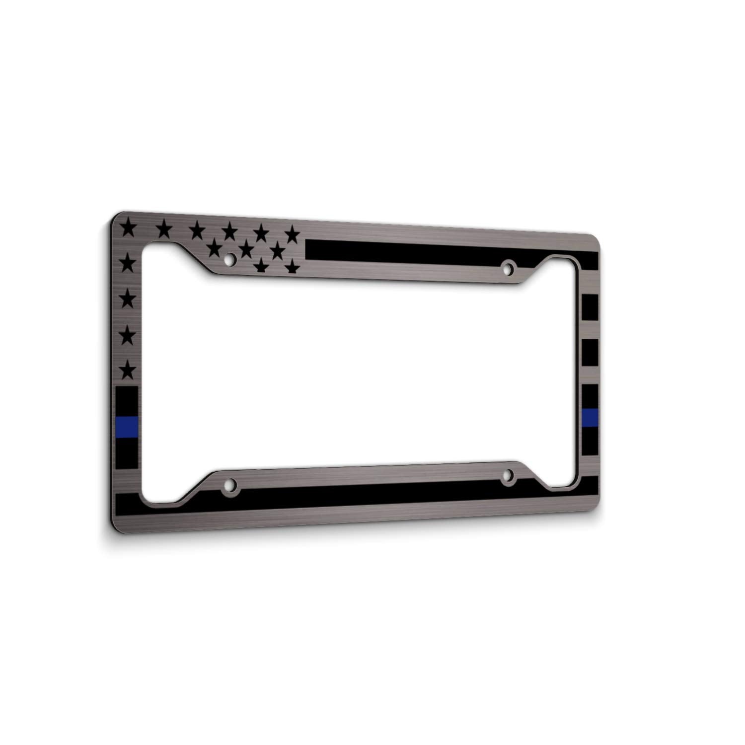 Heavy Duty Thin Blue Line American Flag License Plate Frame Matte Black On Brushed Aluminum Composite