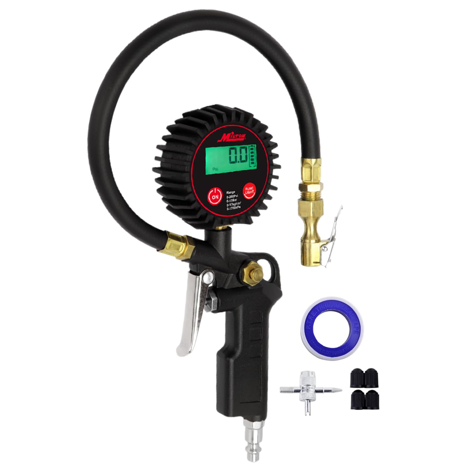 Milton 507Kit Digital Tire Inflator Car Accessories W/Accurate Air Tire Pressure Gauge, 14    Rubber Air Hose - 250 Psi, Brass L
