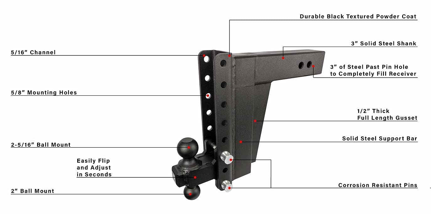 Bulletproof Hitches 3.0'' Adjustable Extreme Duty (36,000Lb Rating) 10'' Drop/Rise Trailer Hitch With 2'' And 2 5/16'' Dual Ball